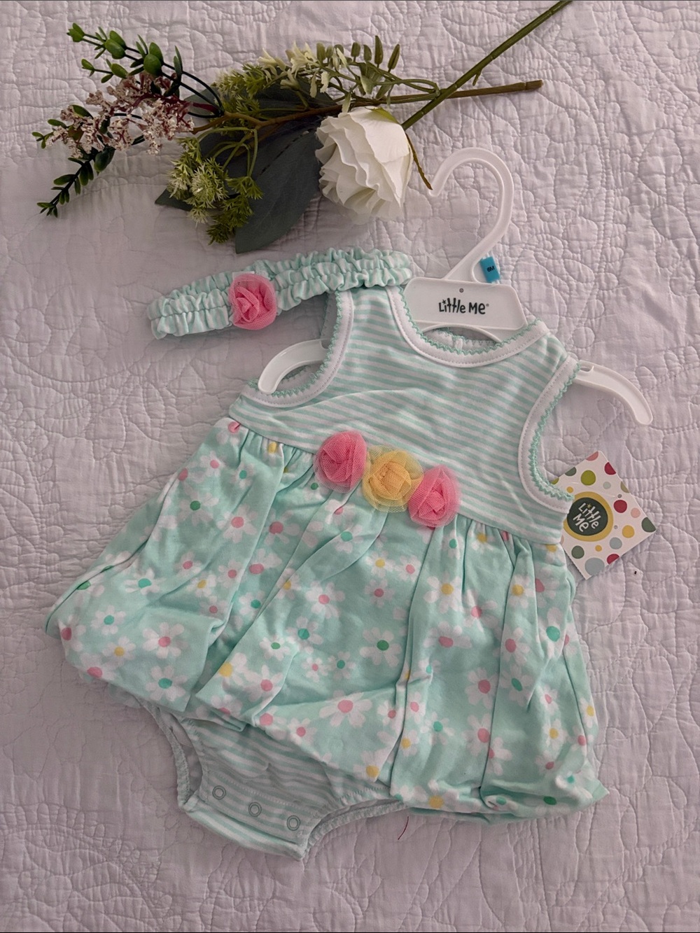 Little Me Mint Floral Baby Girl Dress Romper with Rosette Headband
